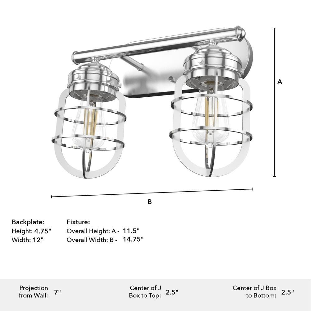 Chrome 2-Light Industrial Vanity Fixture with Caged Shades