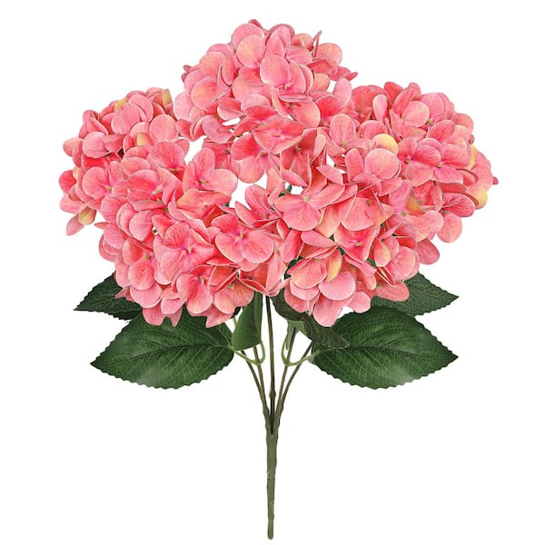 18 in. Coral Pink Natural Touch Artificial Hydrangea Flower Stem Bush Bouquet (Set of 2)