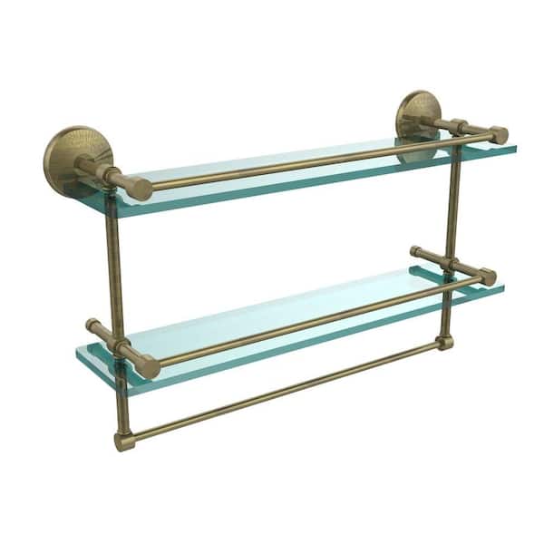 Allied Brass 22 in. L x 12 in. H x 5 in. W 2-Tier Clear Glass Bathroom Shelf with Towel Bar in Antique Brass