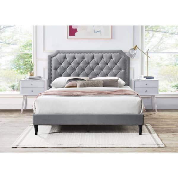 Dwell Home Inc Ava Charcoal Gray Velvet Upholstered Frame, King Platform Bed with Clipped-Edges, Button Tufts and Nailhead Trim