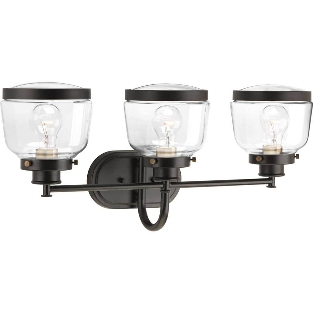 Antique Bronze 26" Three-Light Bath Vanity with Clear Globe Shades
