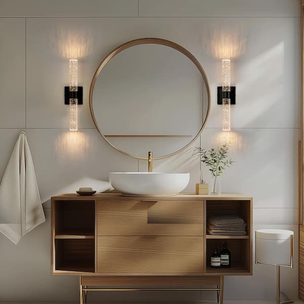 2-Light 18 in. Matte Black Modern Vanity Light Bar with Glass Bubble Shades and 3CCT Adjustable LED for Living Room