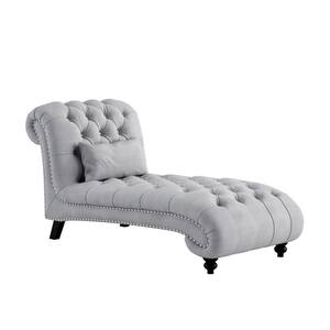 Desboro Tufted Gray Velvet Upholstered Chaise with Nailhead and Pillow