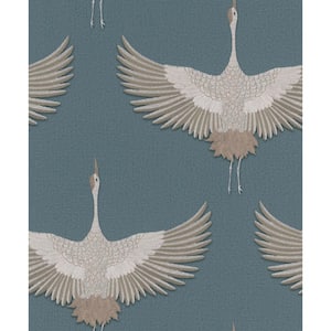 Kumano Collection Blue Textured Flying Storks Pearlescent Finish Non-Pasted Vinyl on Non-Woven Wallpaper Roll