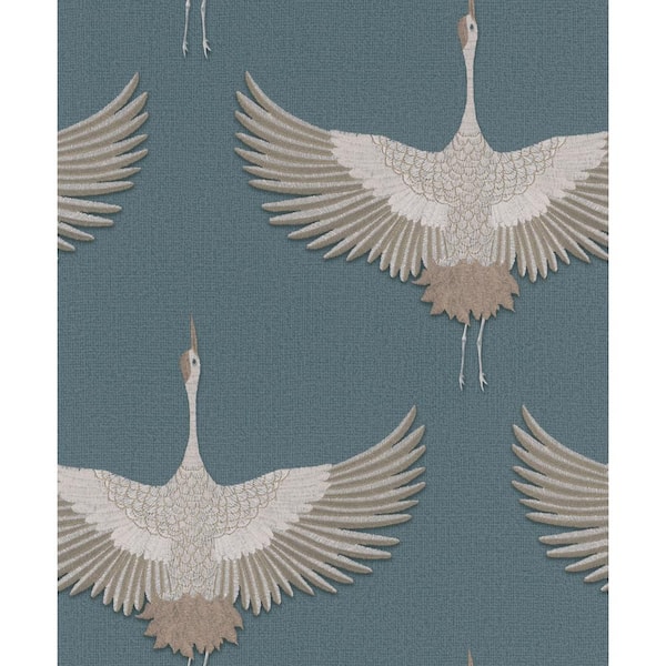 Unbranded Kumano Collection Blue Textured Flying Storks Pearlescent Finish Non-Pasted Vinyl on Non-Woven Wallpaper Sample