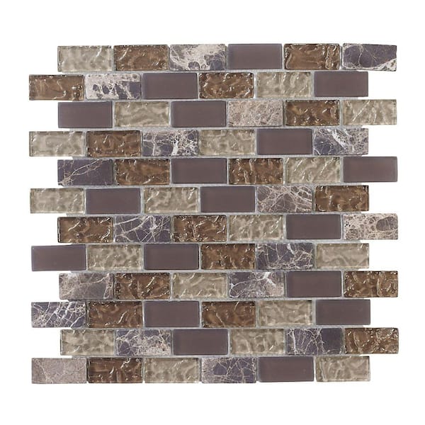 Jeffrey Court Emperador Brick Brown/Tan 12 in. x 12 in. x 8 mm Interlocking Textured Glass Marble Mosaic Tile