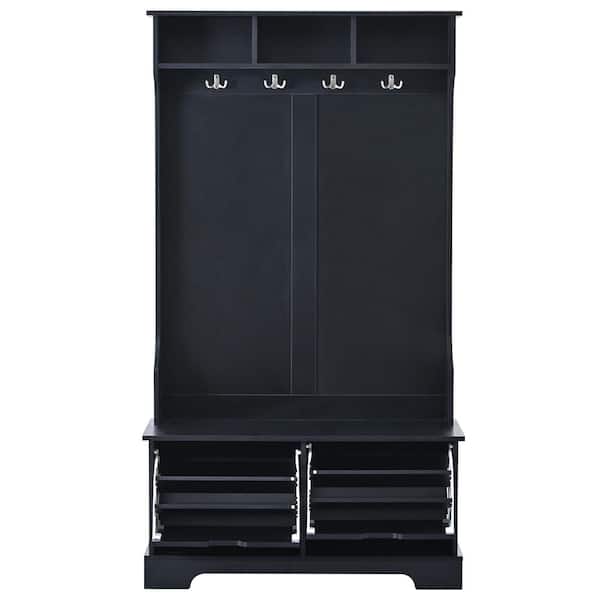 Unbranded 39.3 in. W x 17.7 in. D x 70.8 in. H Black Wood Linen Cabinet with 3 Open Shelves, 2 Flip Drawers and 4 Hooks