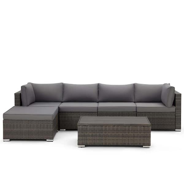 Zeus & Ruta 6-Pieces Outdoor Sectional Sofa, Hand-Woven Wicker Patio Conversation Set with Coffee Table Grey Cushions