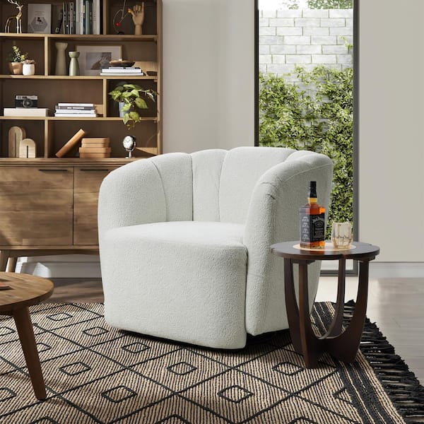 Modern Ivory Upholstered Boucle Swivel Barrel Occasional Chair