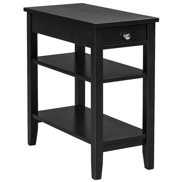 Costway 23.5 in. Black 24.5 in. Wood End Table with Drawer Double Shelf Narrow Nightstand