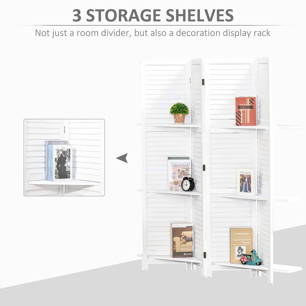White Wood 4-Panel Folding Room Divider with Shelves