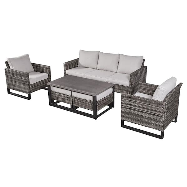 6-Piece All Weater Wicker Outdoor Patio Conversation Sectional Sofa Set with Tea Table, Beige Cushions and Ottomans Set