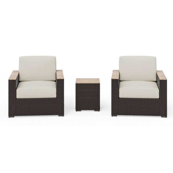 HOMESTYLES Palm Springs Brown 3-Piece Wicker Rattan Patio Conversation Set with Tan Cushions