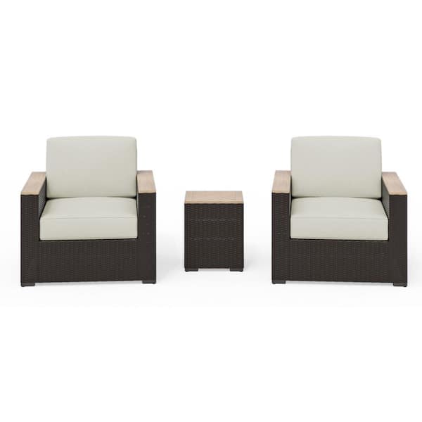 HOMESTYLES Palm Springs Brown 3-Piece Wicker Rattan Patio Conversation Set with Tan Cushions