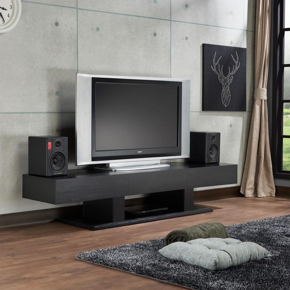 Black Veneer Double Pedestal TV Stand with Cabinet