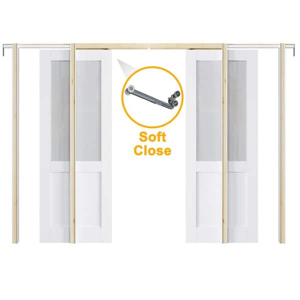 ARK DESIGN 60 in. x 80 in. 1/2-Lite Frosted Glass White Primed Wood Sliding Pocket Door with Pocket Door Frame and Hardware Kit