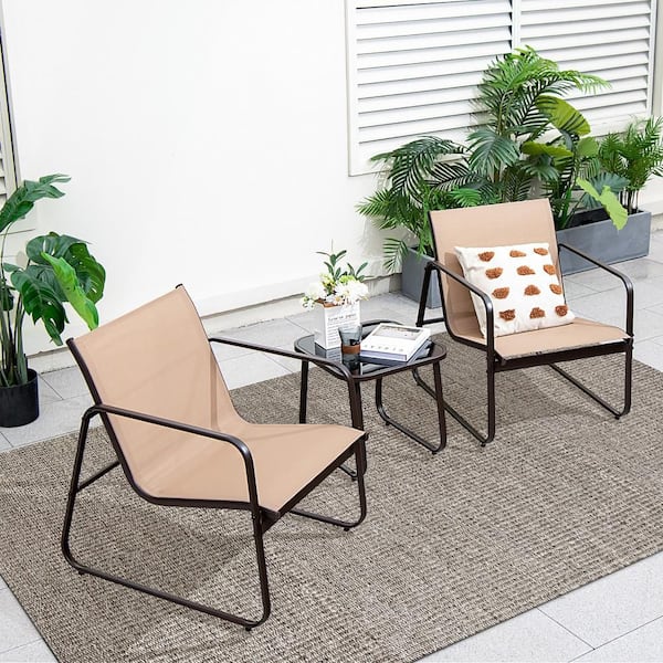 3-Piece Metal Patio Conversation Set Outdoor Chair and Table Tempered Glass Top