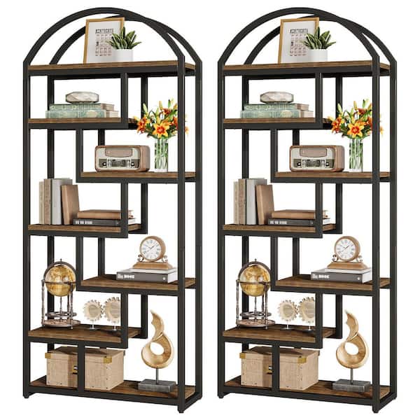 71 in. Tall Rustic Brown Arched Wood 6-Shelf Standard Bookcase with Open Shelves for Living Room, Home Office Set of 2