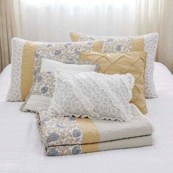 6-Piece Yellow King Cotton Percale Quilt Set Floral Print, Double Sided Stitching, Bedding Layer with Throw Pillows