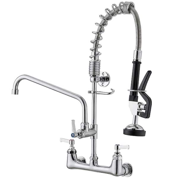 BWE Commercial Restaurant Pull Down 2-Handle Wall Mount Pre-Rinse Spray Utility Kitchen Faucet in Polished Chrome