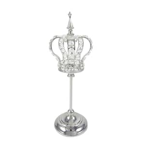 Silver Table Decor Decorative Crown Crystal Bead Metal Accent Piece with Straight Stand 15 in.