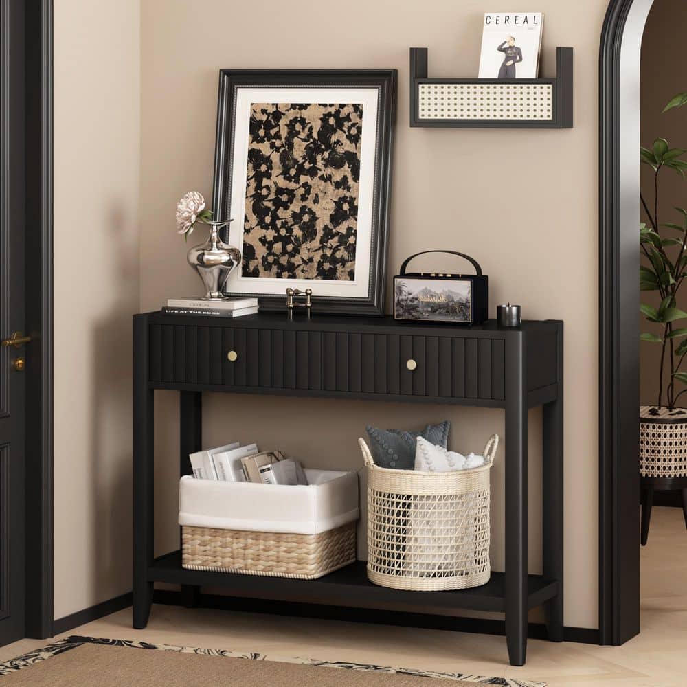 Noble House Edana 39.37 in. Black Rectangle Wood Console Table with ...