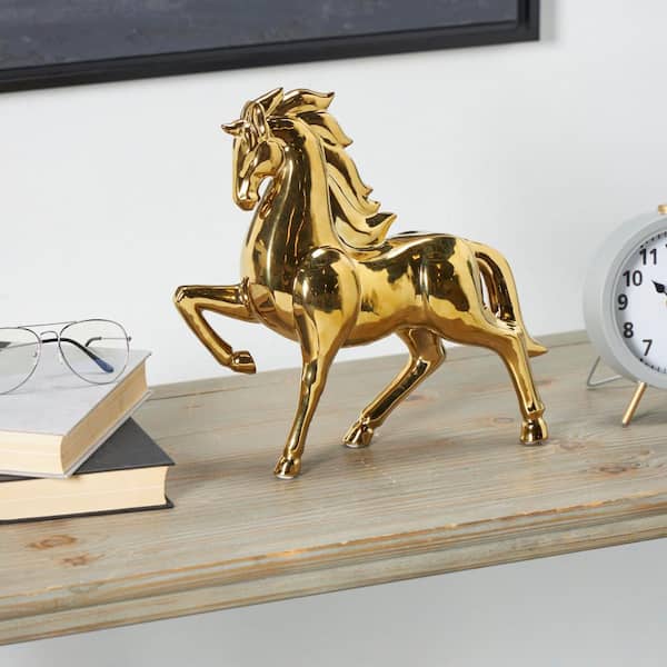 Litton Lane 4 in. x 12 in. Gold Ceramic Prancing Horse Sculpture