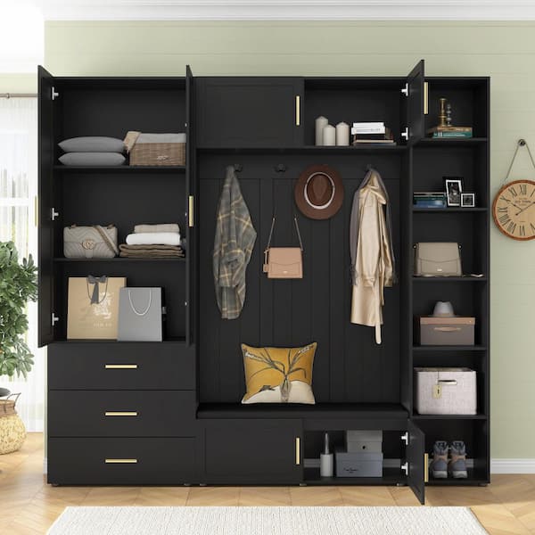 Modern Black 94.5 in. W Hall Tree with 4 Hooks, Padded Bench, Storage Cabinets and 3 Drawers