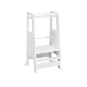 White Wood Adjustable Platform Kid Chair with Safety Guardrail Child Studying Tower, Toddler Stool