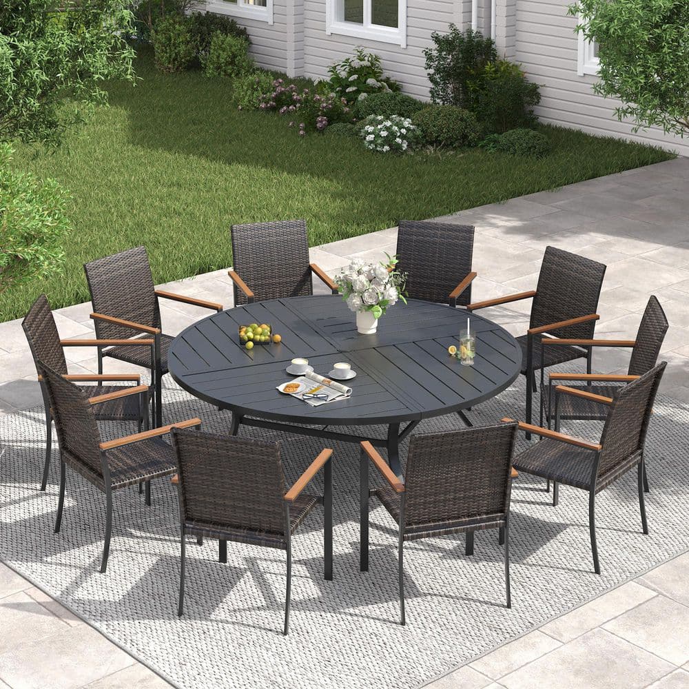 11-Piece Metal Outdoor Dining Set with 63 in. Black Round Dining Table and 10 Wicker Stackable Dining Chairs in Brown price history on PriceWatchPro