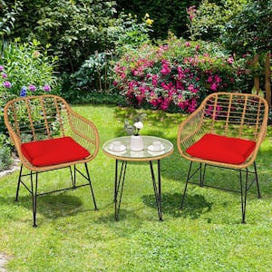 3-Piece Rattan Patio Conversation Set with Red Cushion