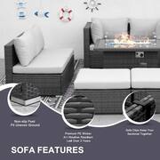 Large Gray 13-Piece 12-Seats Wicker Patio Fire Pit Sofa Set with Light Gray Cushions Ottomans and 43 in. Fire Pit Table