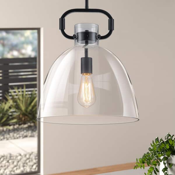 1-Light Black Bell Traditional Metal Accent Design Pendant Light with Clear Glass Shade