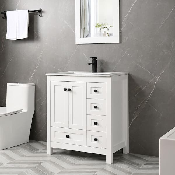 30 in. W x 18.3 in. D x 34 in. H Single Sink Bath Vanity in White with White Ceramic Top and Mirror Drain Faucet Set