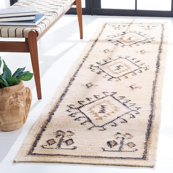 Kilim Ivory/Black 2 ft. x 7 ft. Native American Border Runner Rug