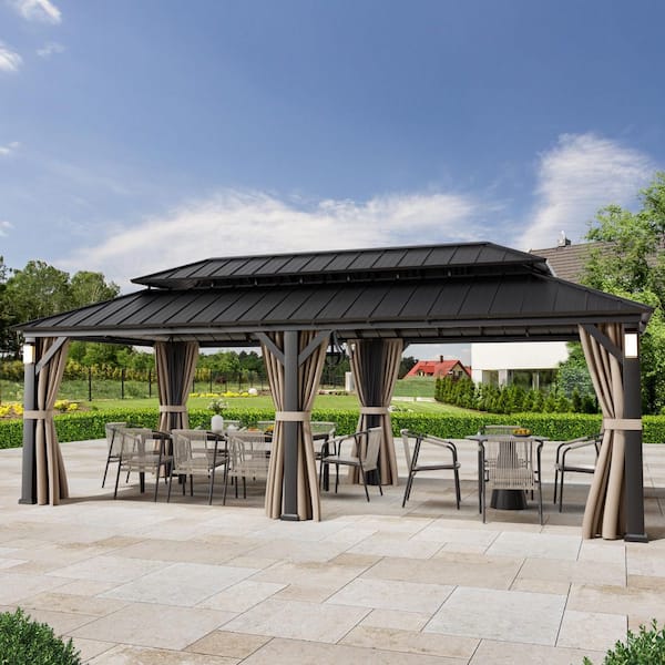 Ultra Series 12 ft. x 24 ft. Permanent Hardtop Gazebo with Solar LED Lights, Mosquito Nettings, Black