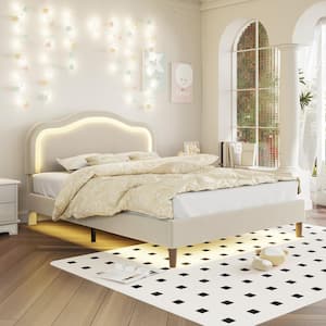 Beige Wood Frame Full Size Velvet Platform Bed with Adjustable Height Headboard and LED Bed Frame