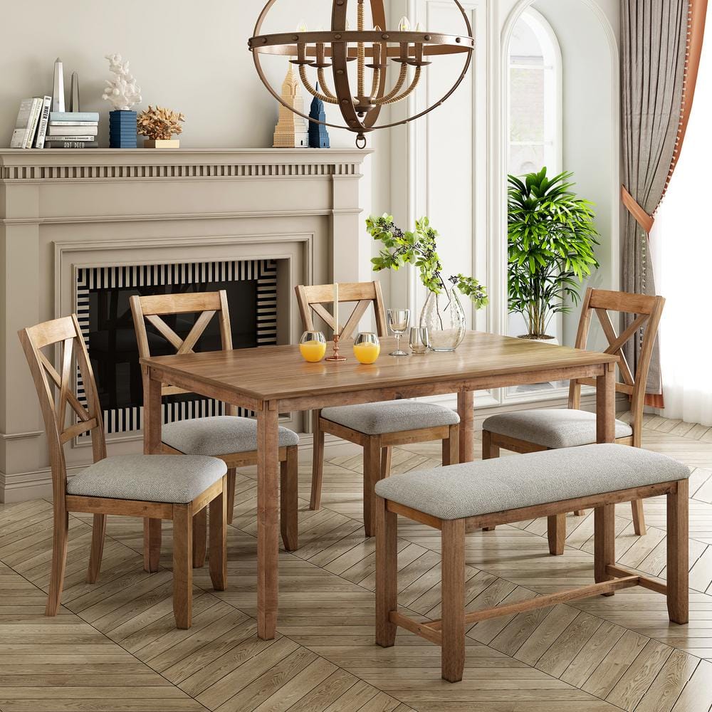Harper & Bright Designs 6-Piece Wood Top Natural Cherry Dining Table ...
