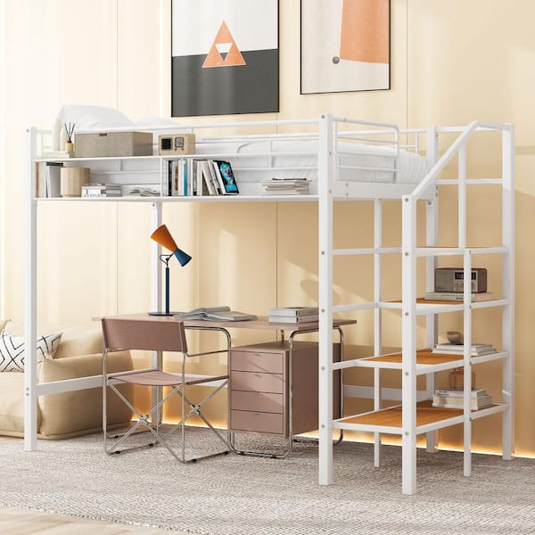 Harper & Bright Designs White Twin Size Metal Loft Bed with Upper ...