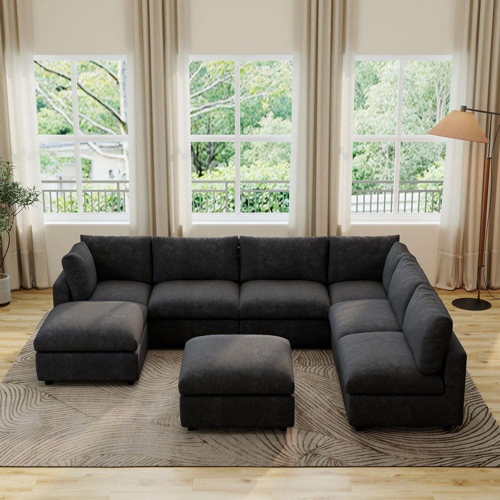 Modular Cloud Couch, 134 in. Square Arm 8-Piece Chenille U-Shaped Sectional Sofa with Ottoman, Washable Covers in Black