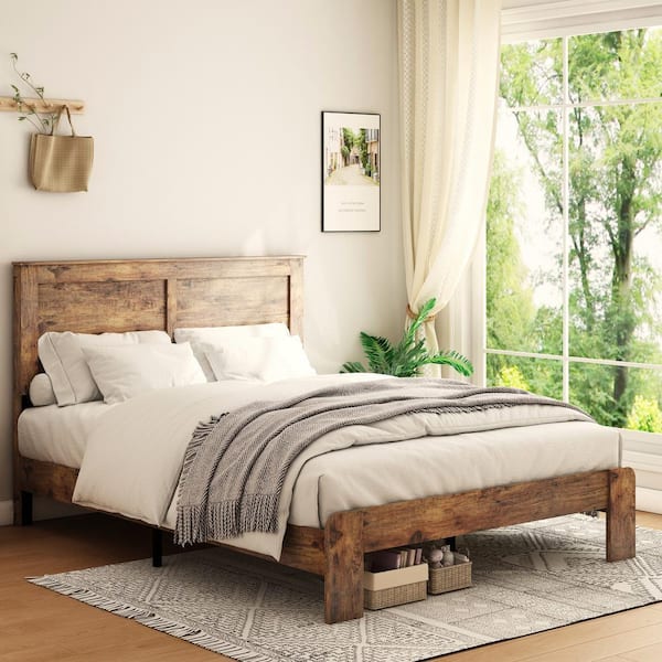 Dark Brown Wooden Frame Queen Size Platform Bed, No Box Spring Needed
