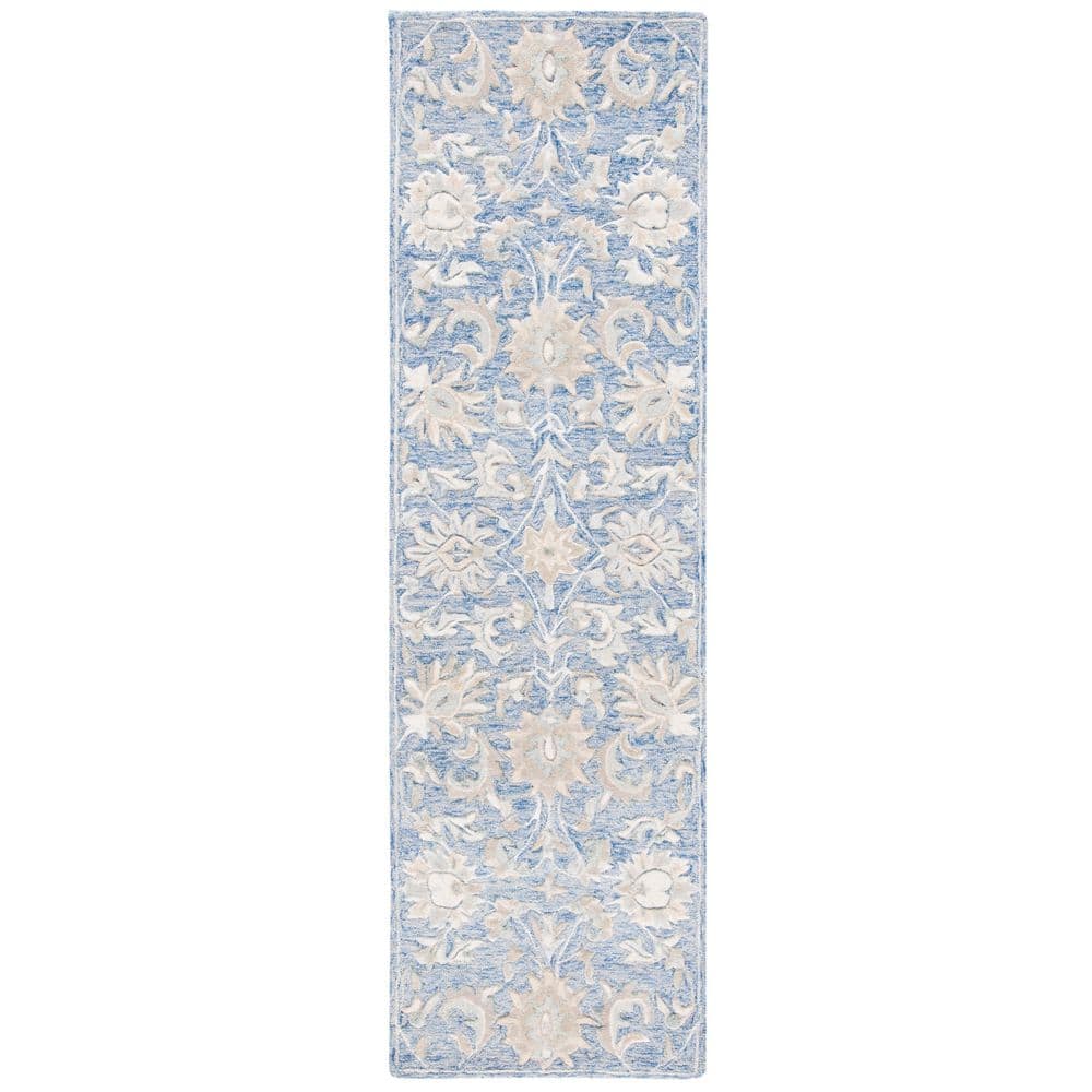 Blue and Beige Hand-Tufted Wool Floral Runner Rug