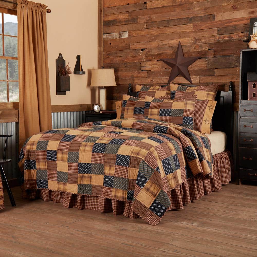 Navy and Tan Cotton Patchwork Queen Quilt Set