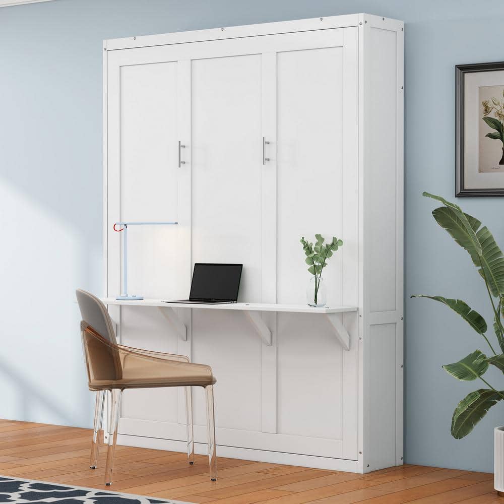 White Wood Frame Full Size Murphy Bed, Folding Wall Bed with Desktop - thumbnail 7