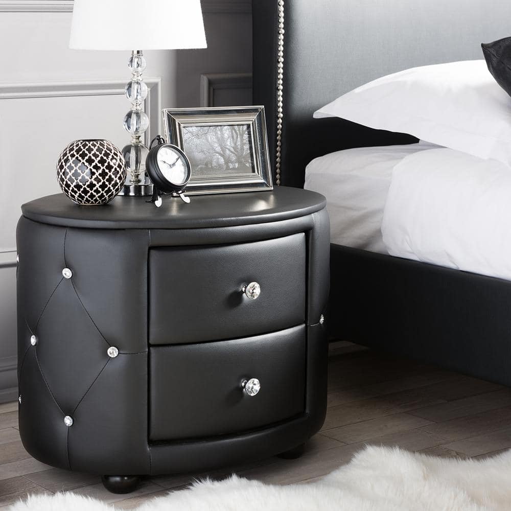 Davina Glam Black Faux Leather Tufted Nightstand with Crystal Knobs