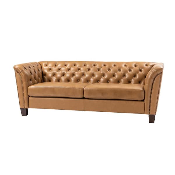 JAYDEN CREATION Andrea 82.5 in. Wide Camel Genuine Leather Rectangle Sofa with Tapered Wood Legs