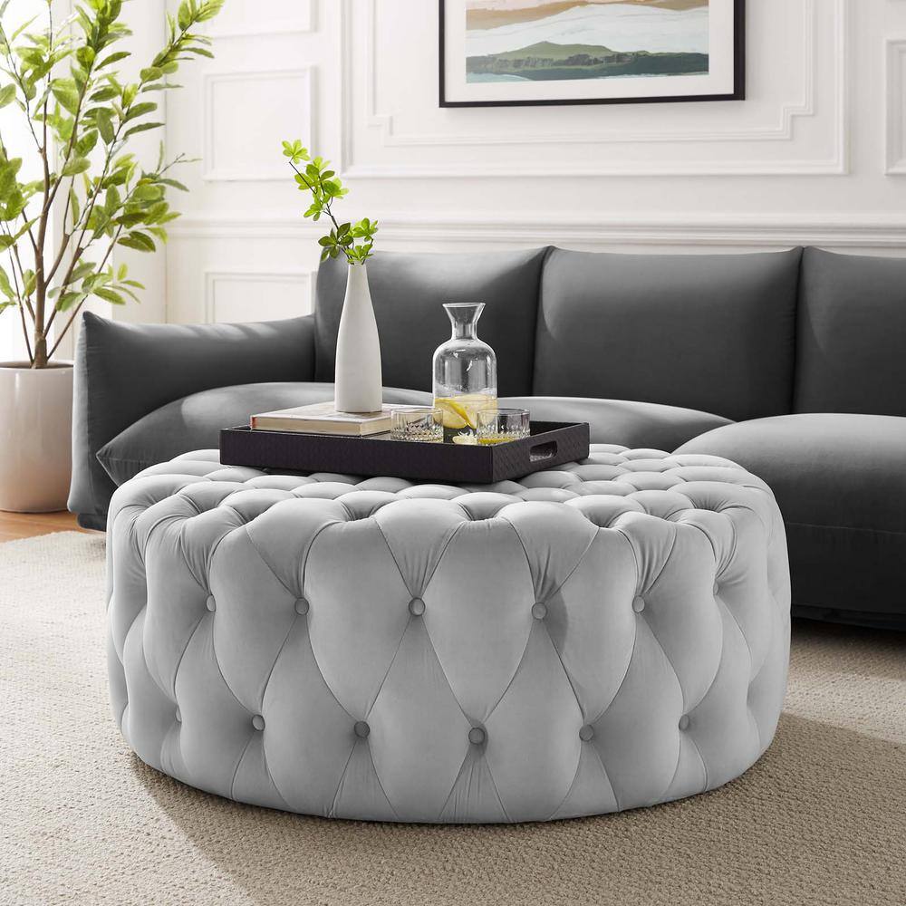 Luxurious Amour 40'' Light Gray Tufted Velvet Round Ottoman