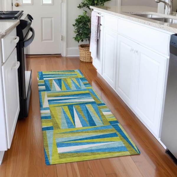 Mayfield Premium Machine Washable Abstract AMF1012 Teal 2 ft. 3 in. x 7 ft. 6 in. Runner Rug