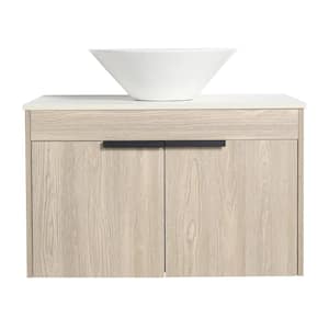 29.5 in. W x 18.9 in. D x 24 in. H Wall Mounted Bath Vanity in White Oak with Ceramic Top, Soft Close Door, Single Sink