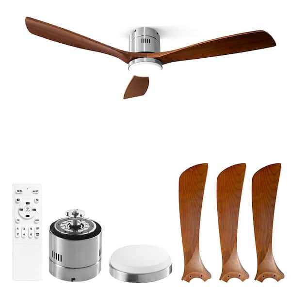 52 in. Smart Indoor Chrome Flush Mount Solid Wood Brown Blades Ceiling Fan with APP Remote 3-Color Dimmable LED Light